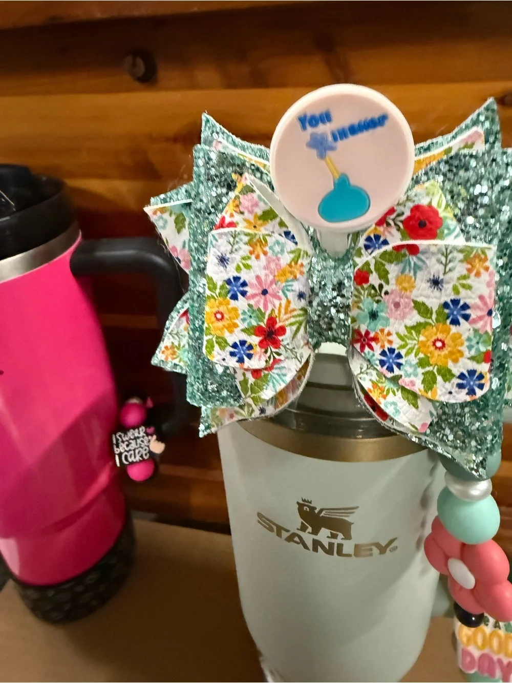 Stanley Mint Green and Gold 30oz Tumbler with Floral Bow and Bead Charms
